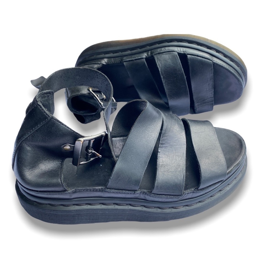 Doc Martens Clarissa Black Leather Platform Sandals Women 7 Buckle Straps
